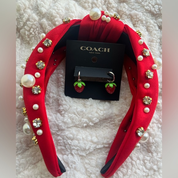 Coach strawberry huggie earrings and handmade Red Pearl Embellished Headband NWT - Picture 1 of 9